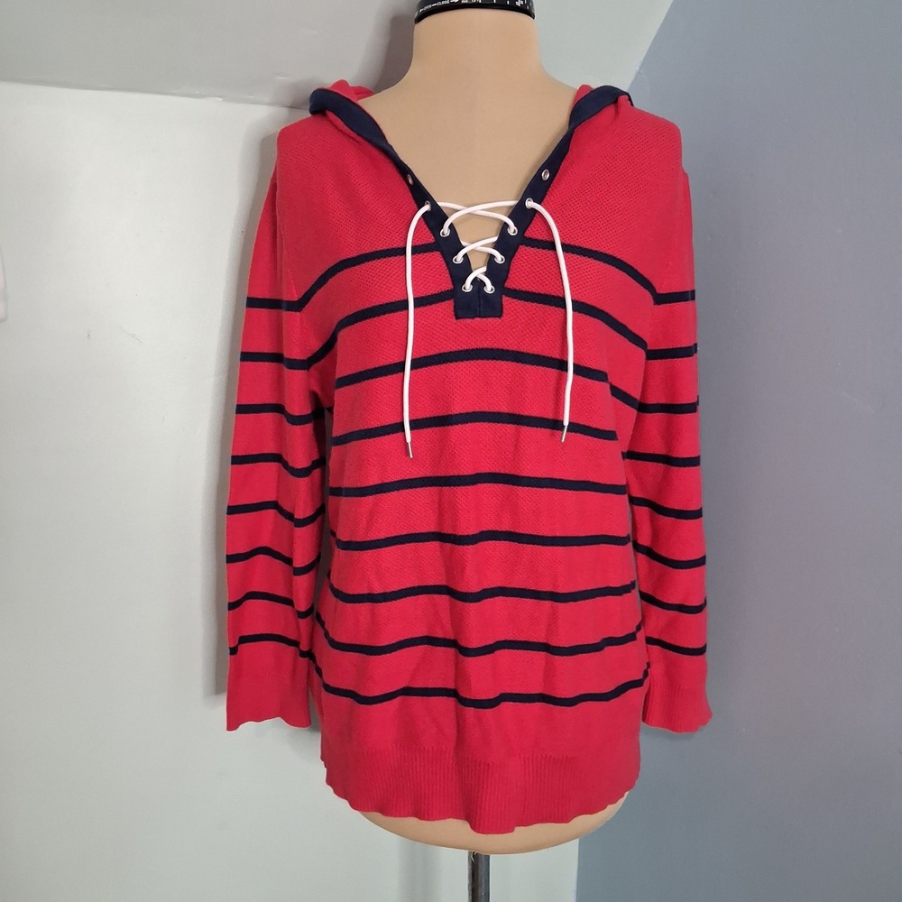 Lauren Active Ralph Lauren Red Navy Striped Lace Up Hooded Cotton Sweater Large